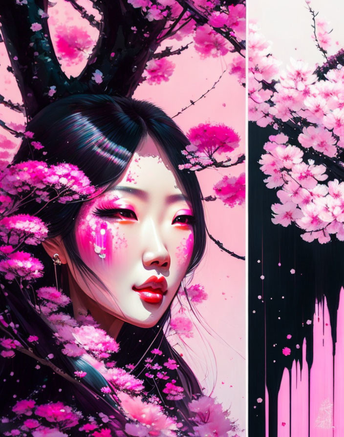 Illustration of woman with black hair in pink cherry blossoms