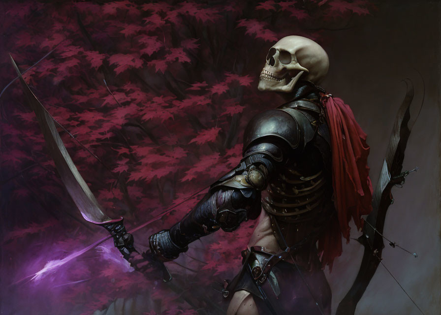 Skeleton warrior in black armor with red cloak and sword in front of dark purple-tinged trees