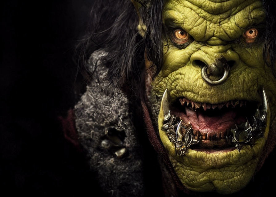 Menacing orc-like creature with green skin and sharp fangs