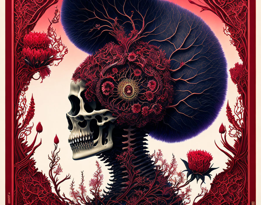 Surreal skull and vein tree illustration on red background