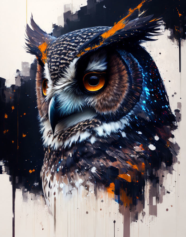 Colorful Abstract Owl Painting in Vibrant Orange and Blue Palette