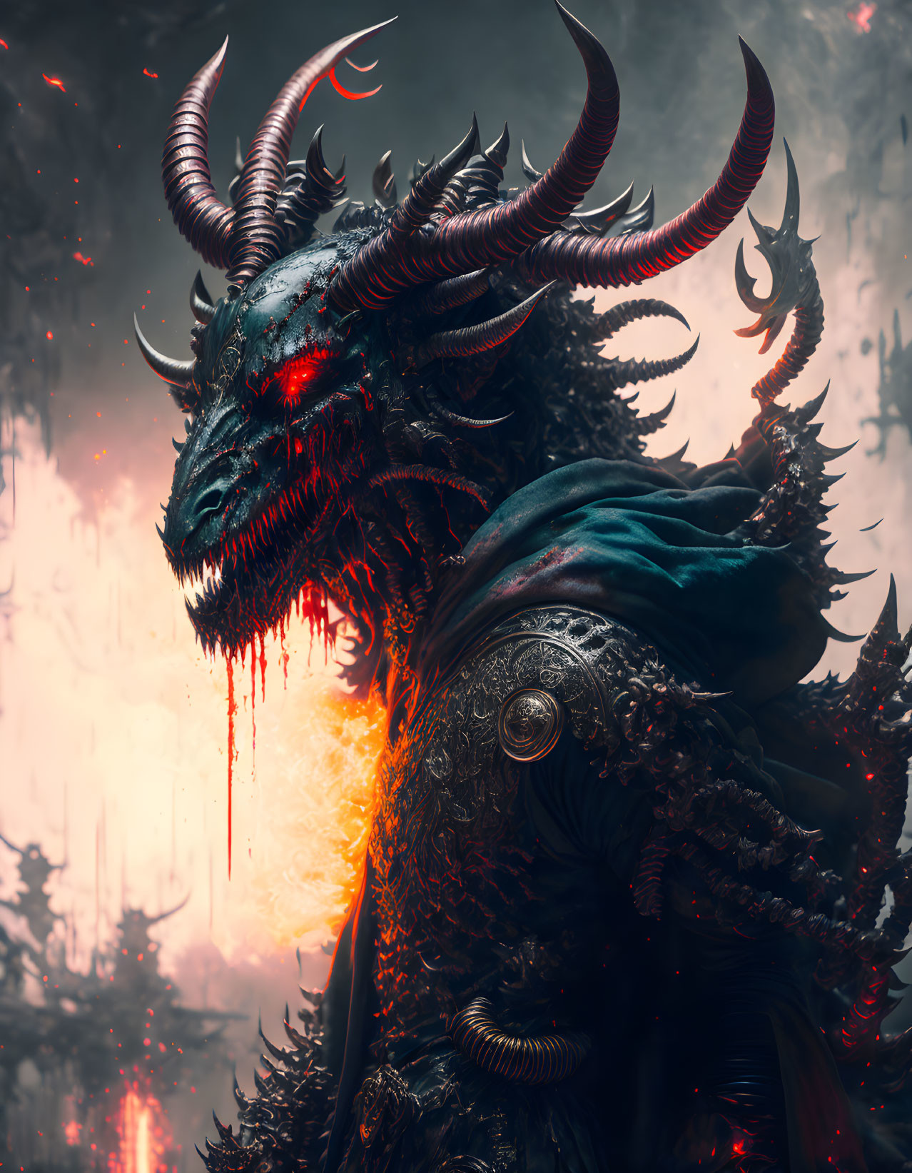 Dark dragon-like creature with red eyes and spiraling horns in apocalyptic setting