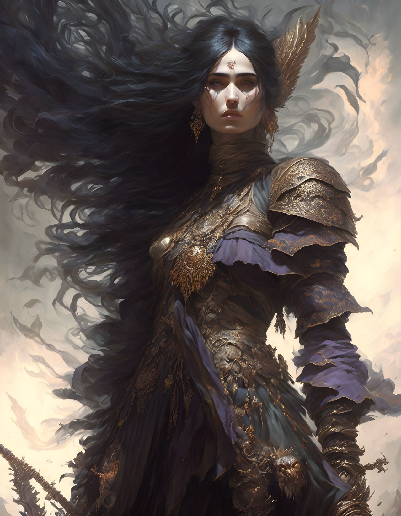 Regal female warrior in dark armor with golden accents