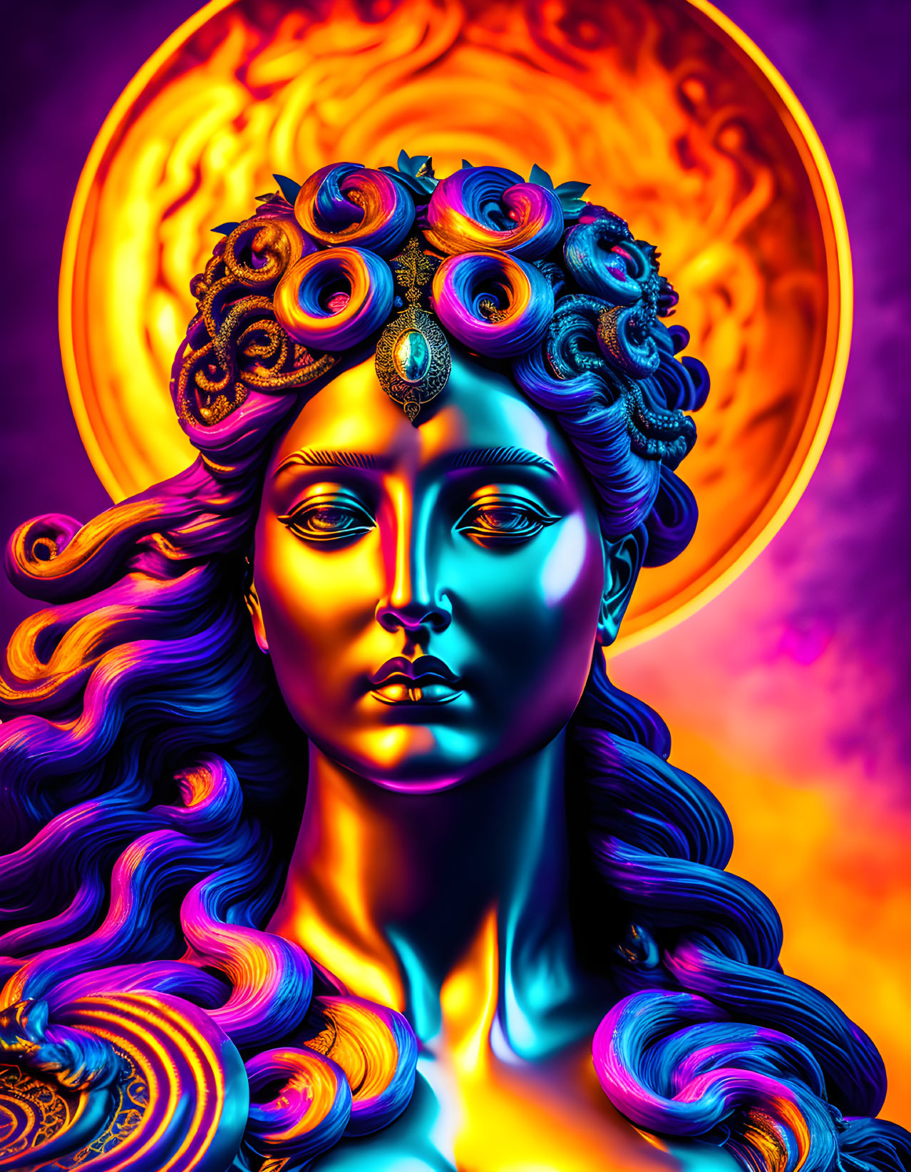 Colorful digital artwork of woman with curly hair and headpiece on vibrant backdrop