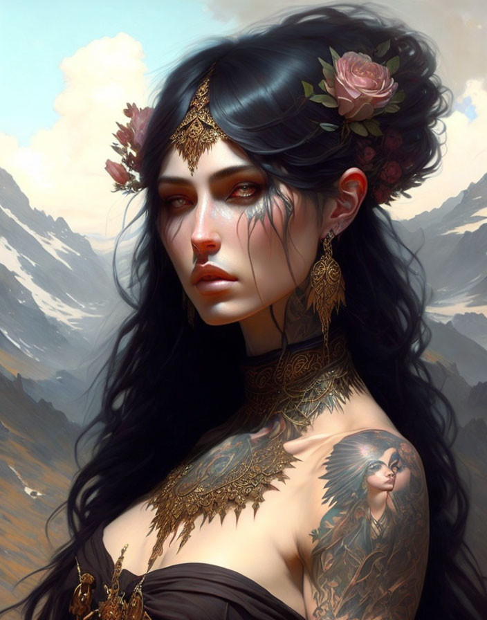 Fantasy woman portrait with long black hair, floral crown, golden jewelry, and intricate tattoos.