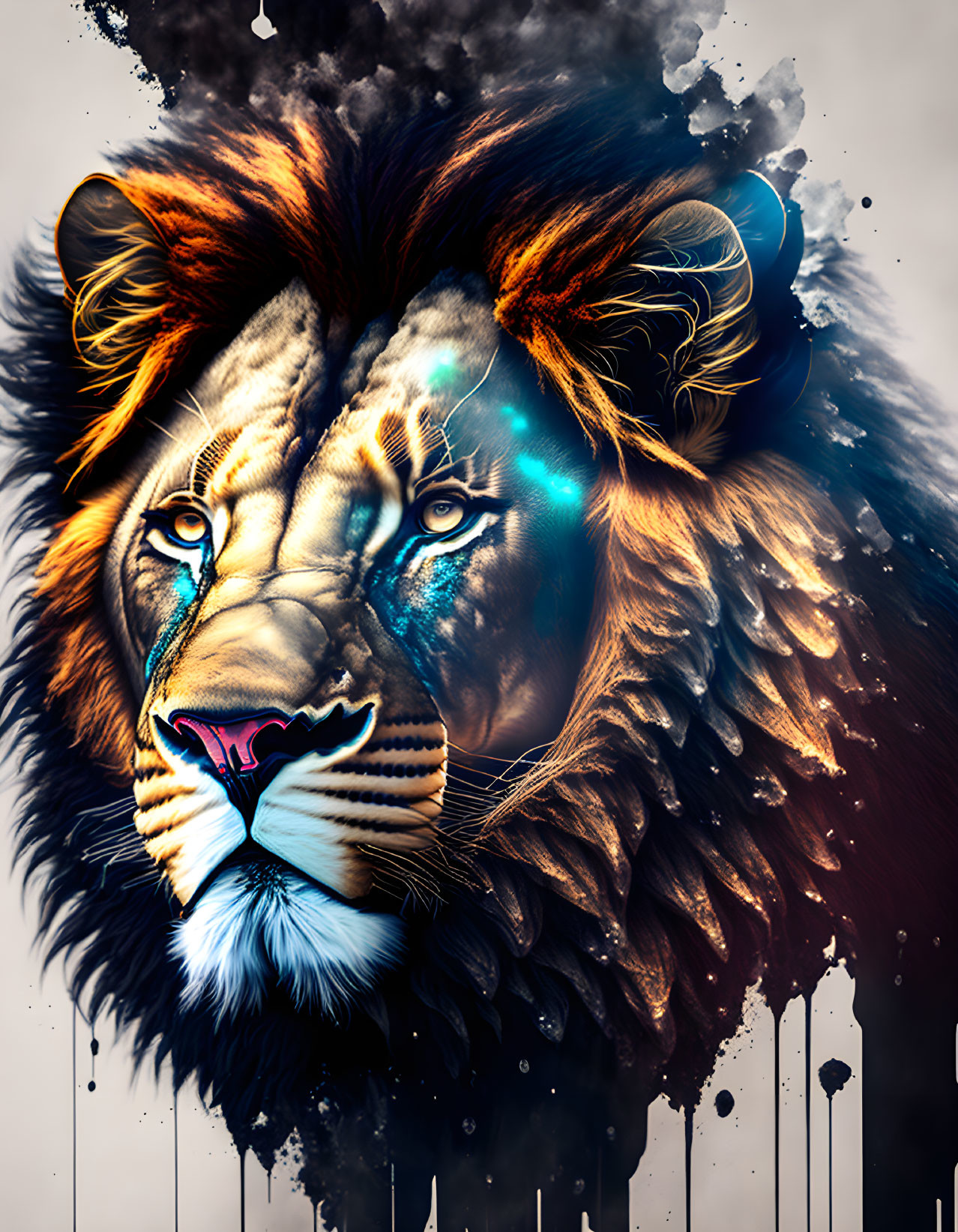 Colorful Lion Face Artwork with Ink-Drip Effects