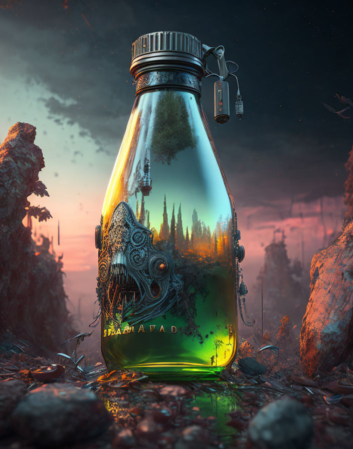 Miniature lush green forest in glass bottle on rocky landscape