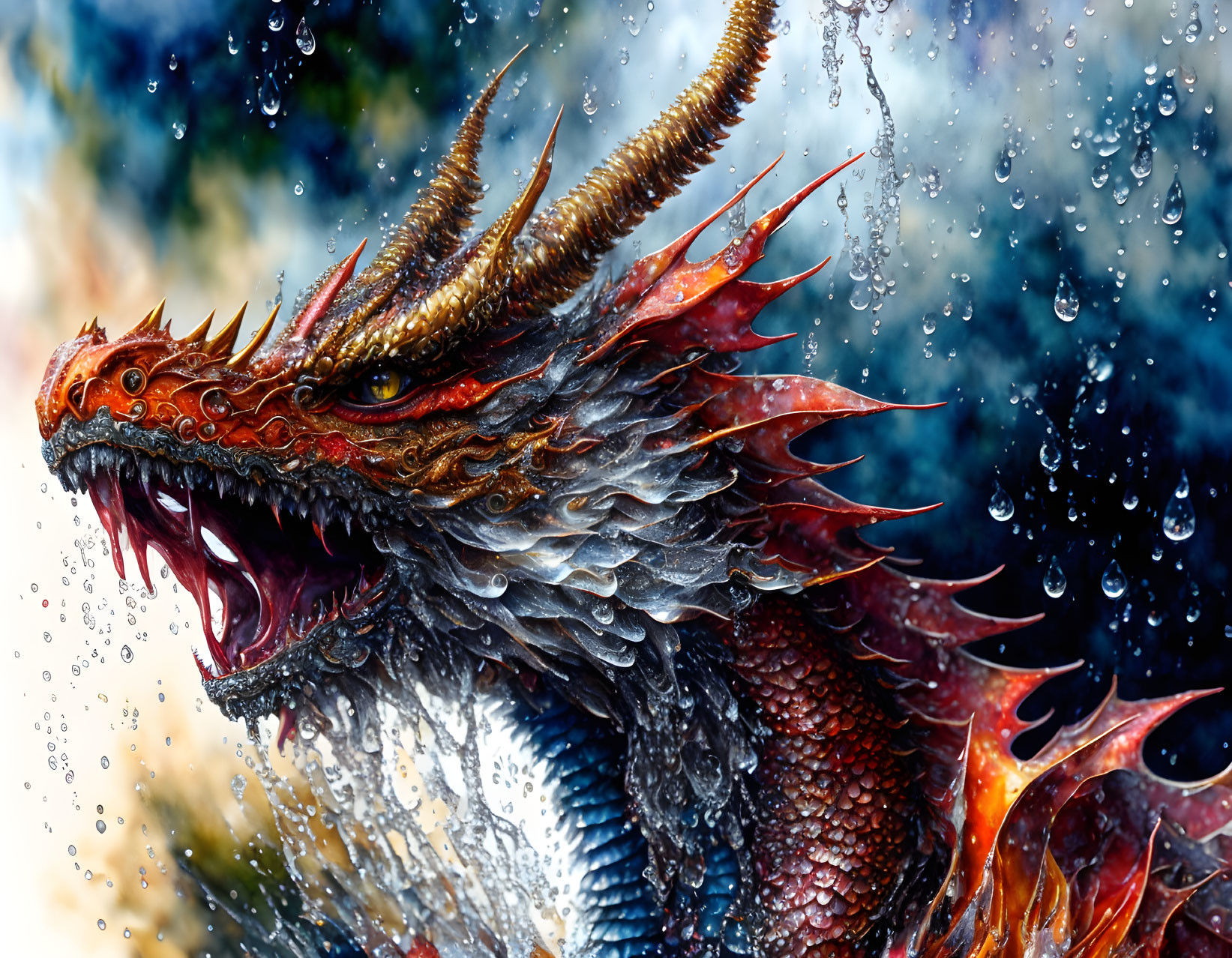 Red and Black Dragon Emerging from Water with Splashing Droplets