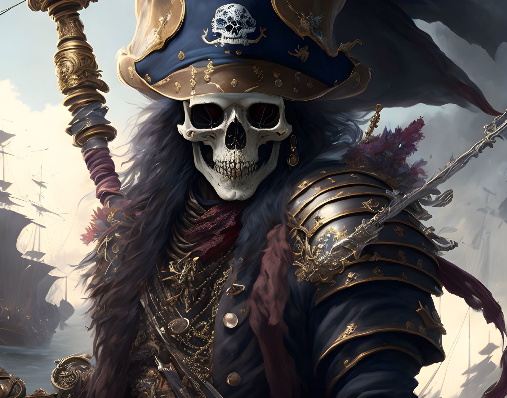 Detailed illustration: Skeletal pirate captain in ornate naval attire with feathered tricorn hat and sword