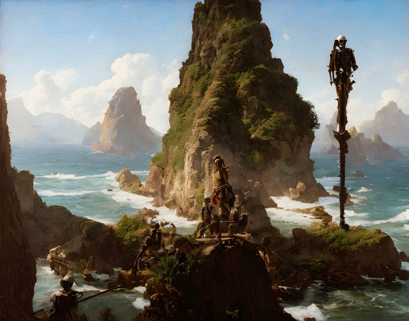 Coastal landscape with rock formations & ancient warriors in armor