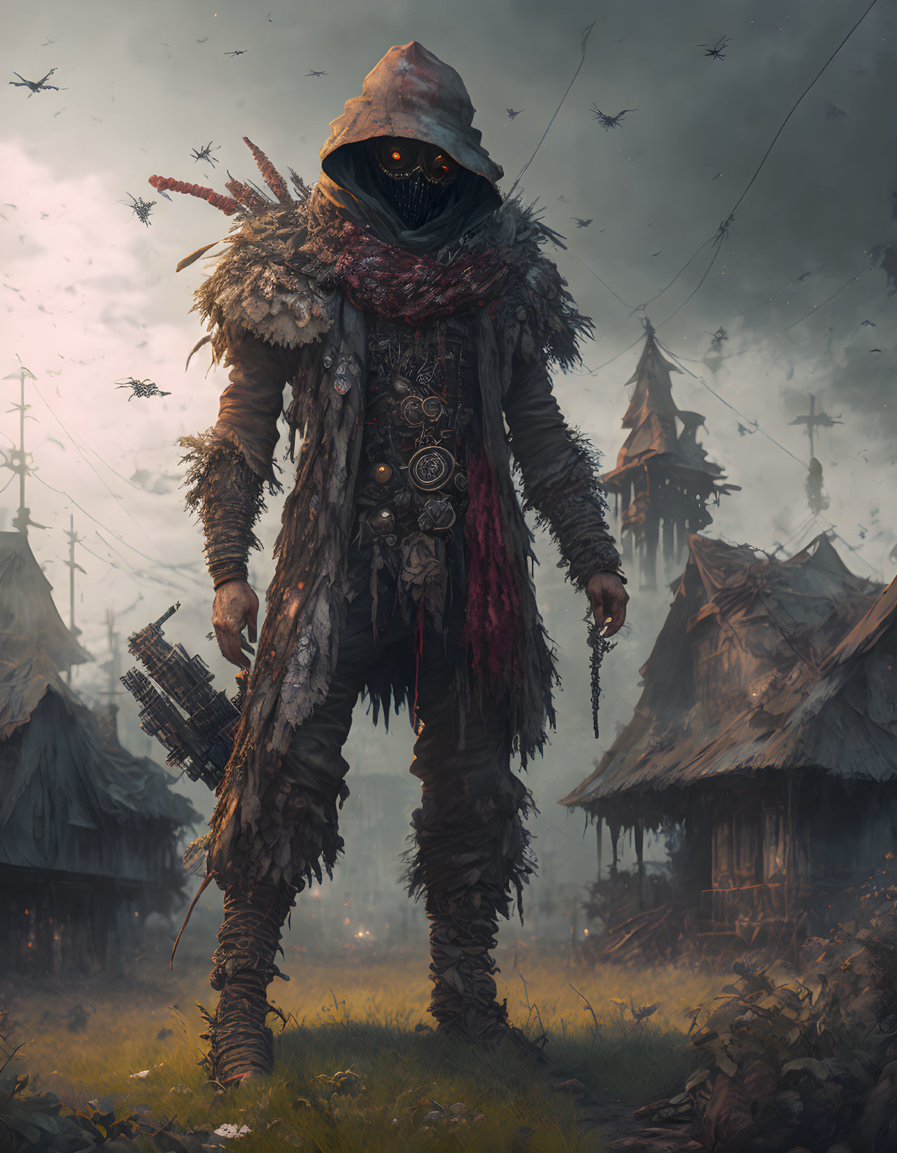 Glowing-eyed figure in cloak wields weapon in dystopian village