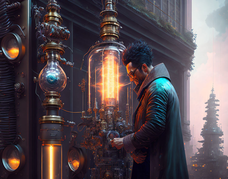 Man in teal coat operates glowing machine in futuristic urban setting