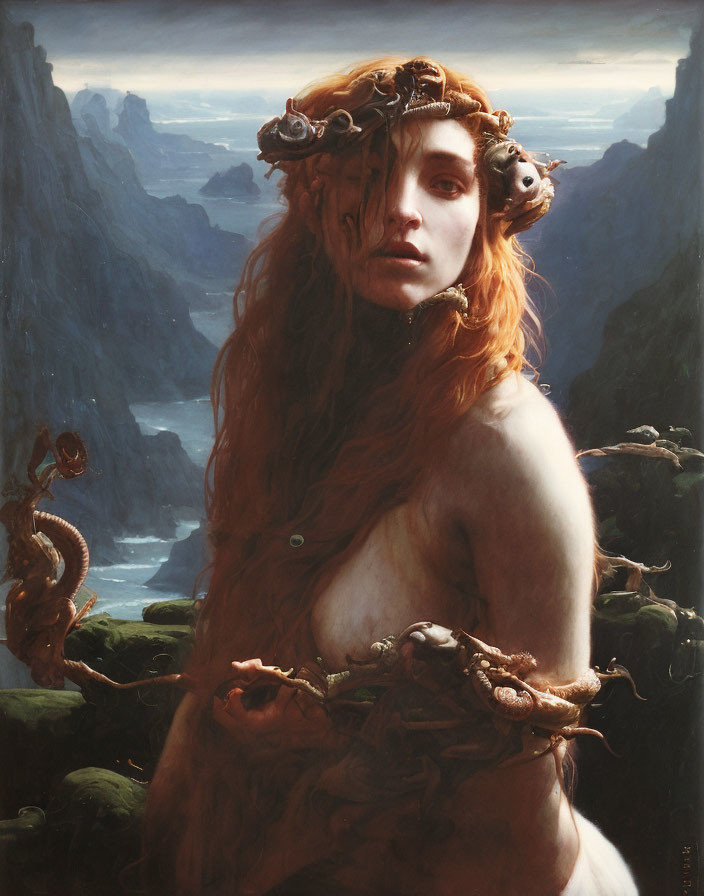 Red-haired woman with branch crown in mystical seascape