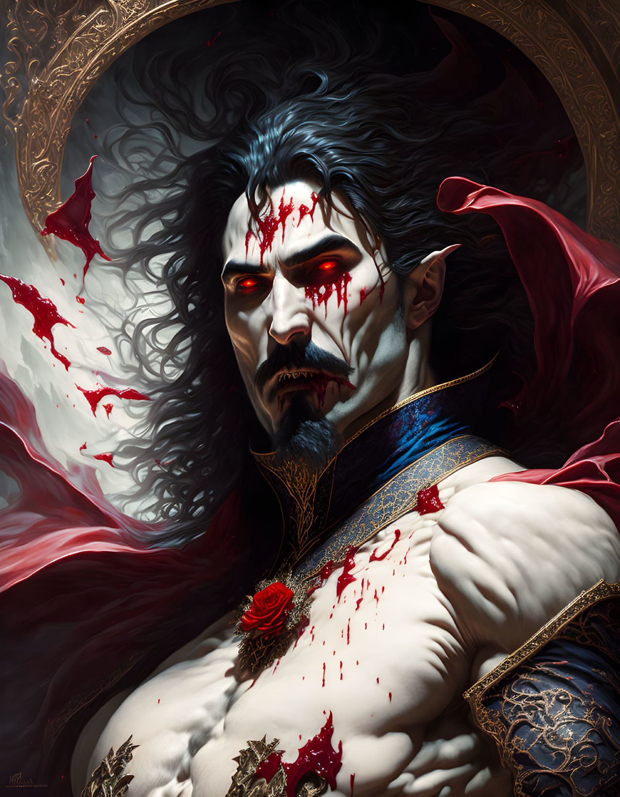 Detailed portrait of a vampire with red cloak, golden patterns, blood splatters, and a dark rose