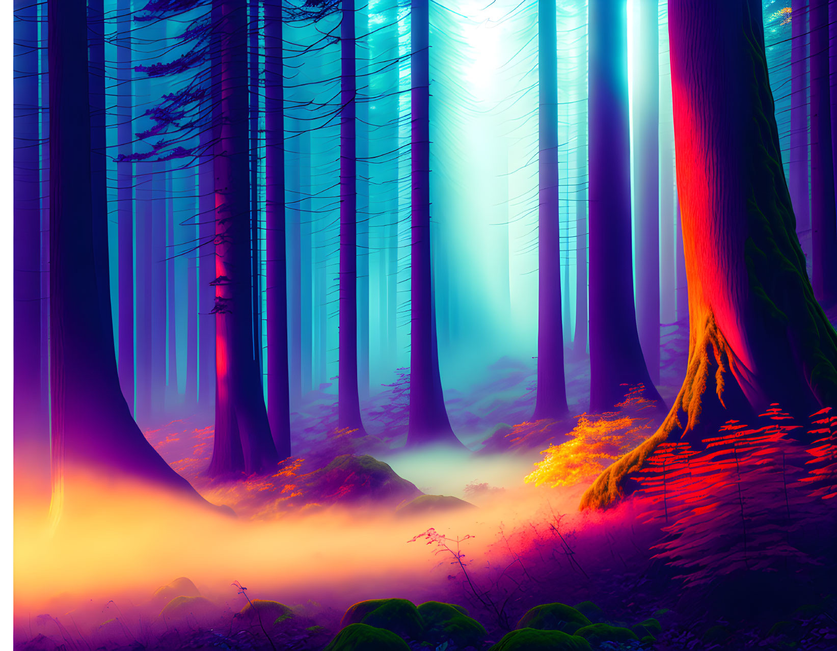 Mystical forest with neon blue and purple hues, towering trees, sunlight piercing mist, warm orange