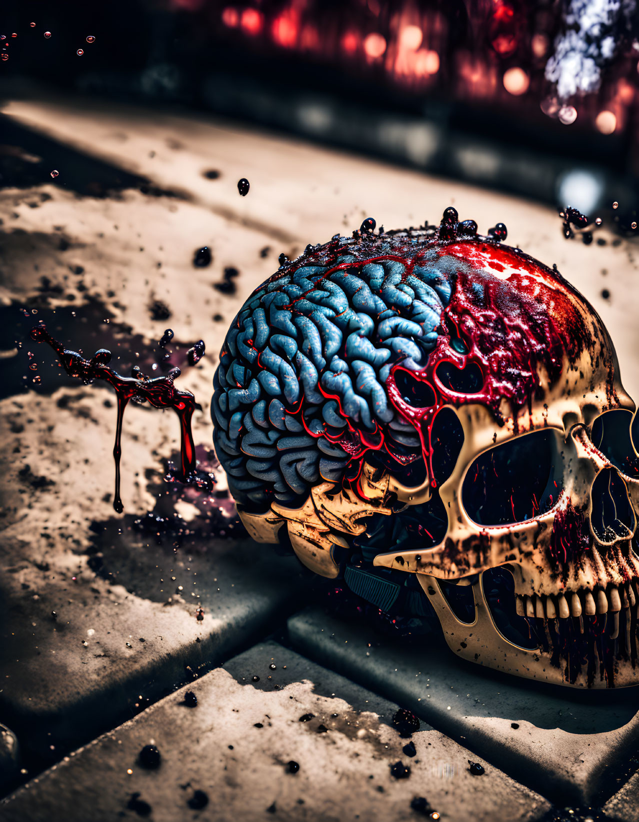 Detailed human skull with exposed brain in color, dark liquid splatters, red bokeh lights.