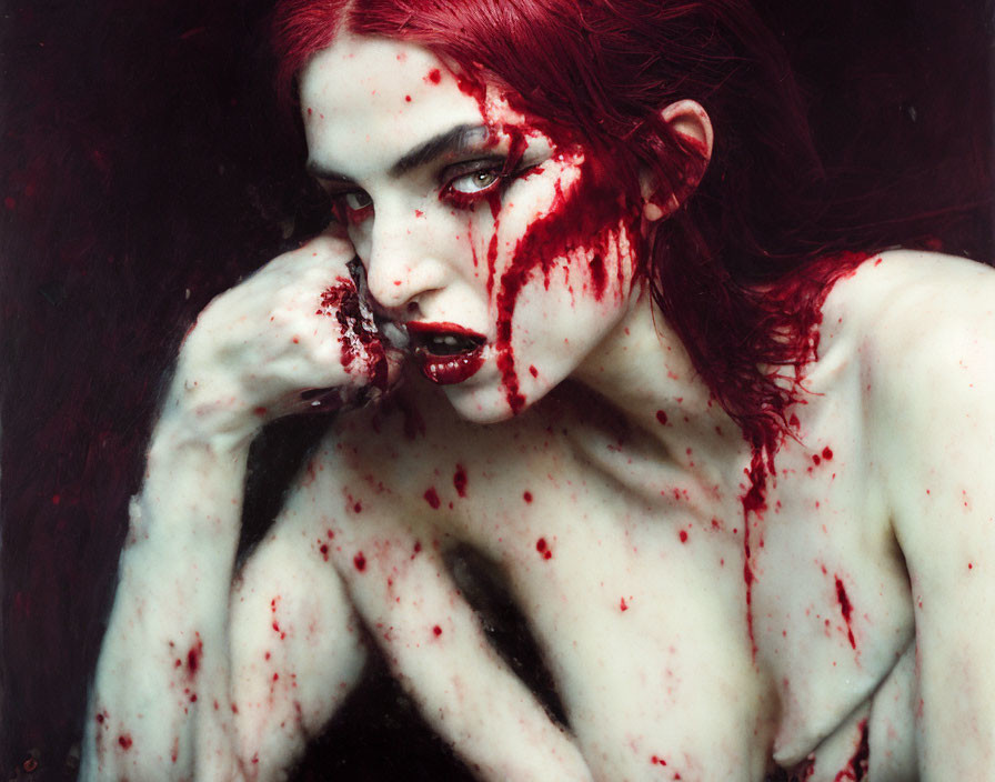 Portrait of person with pale skin and red hair splattered in red substance