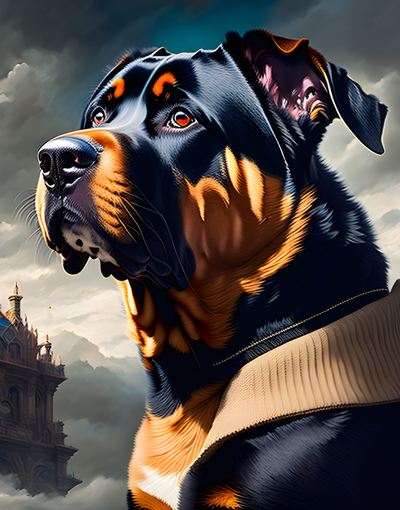 Detailed digital painting: Rottweiler with intense gaze, castle backdrop, dramatic sky