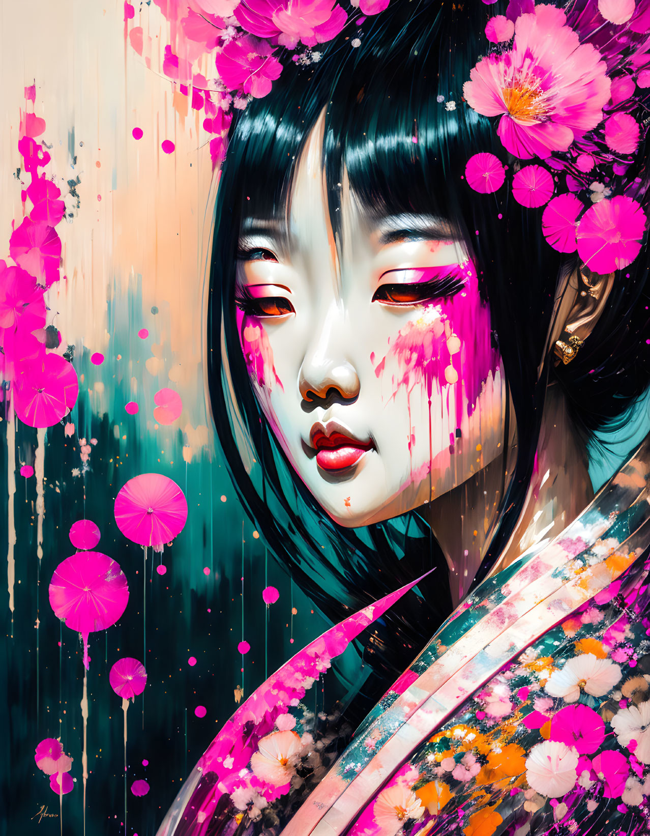 Colorful digital artwork: Woman with floral motifs in pink and blue with paint-drip effects