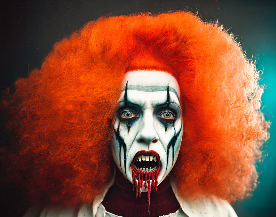 Vivid Orange Hair and Scary Clown Makeup with Faux Blood