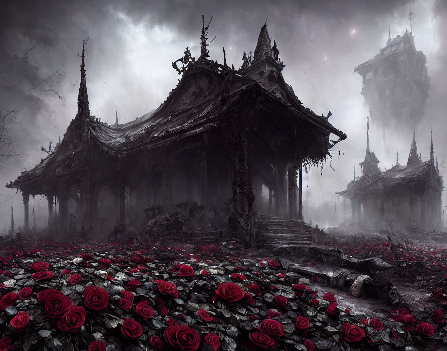 Gothic scene: dilapidated buildings, red roses, gloomy sky