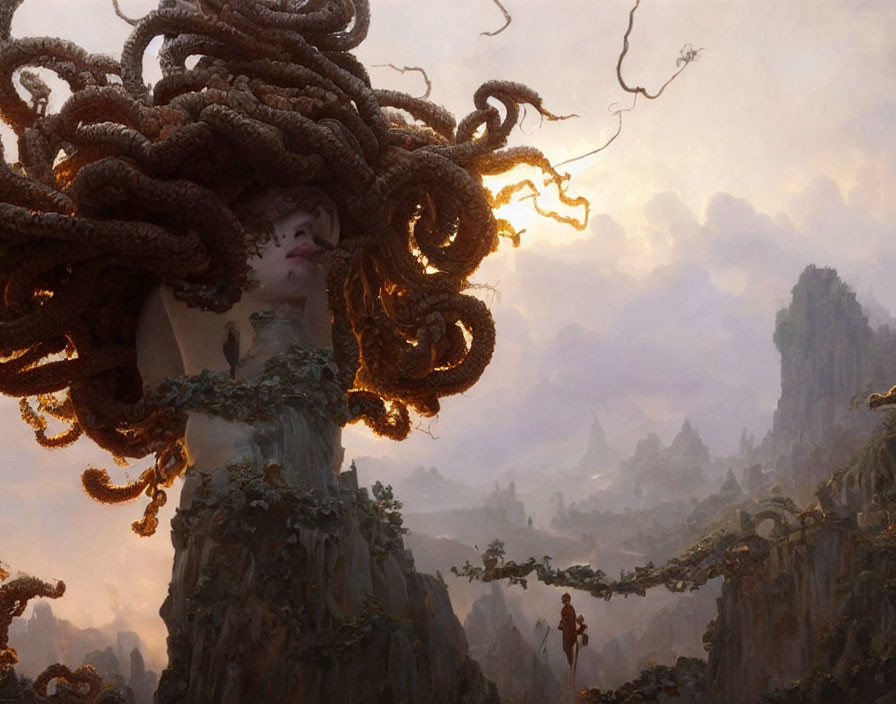 Fantastical figure with tree-like tendrils in misty mountain landscape