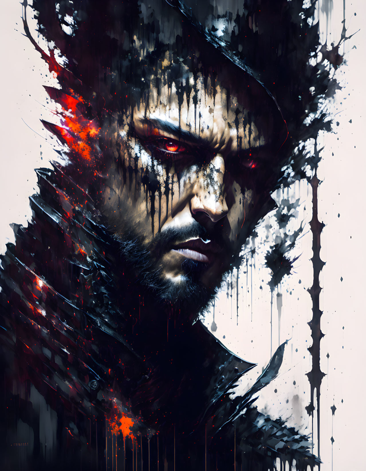 Abstract digital painting of intense male figure with dark gaze and disintegrating black and red smears