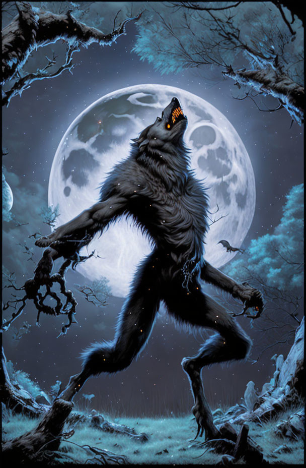 Werewolf howling under full moon in night forest