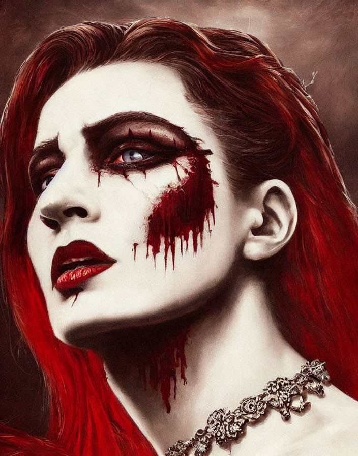 Portrait of a person with red hair and dramatic makeup on moody background