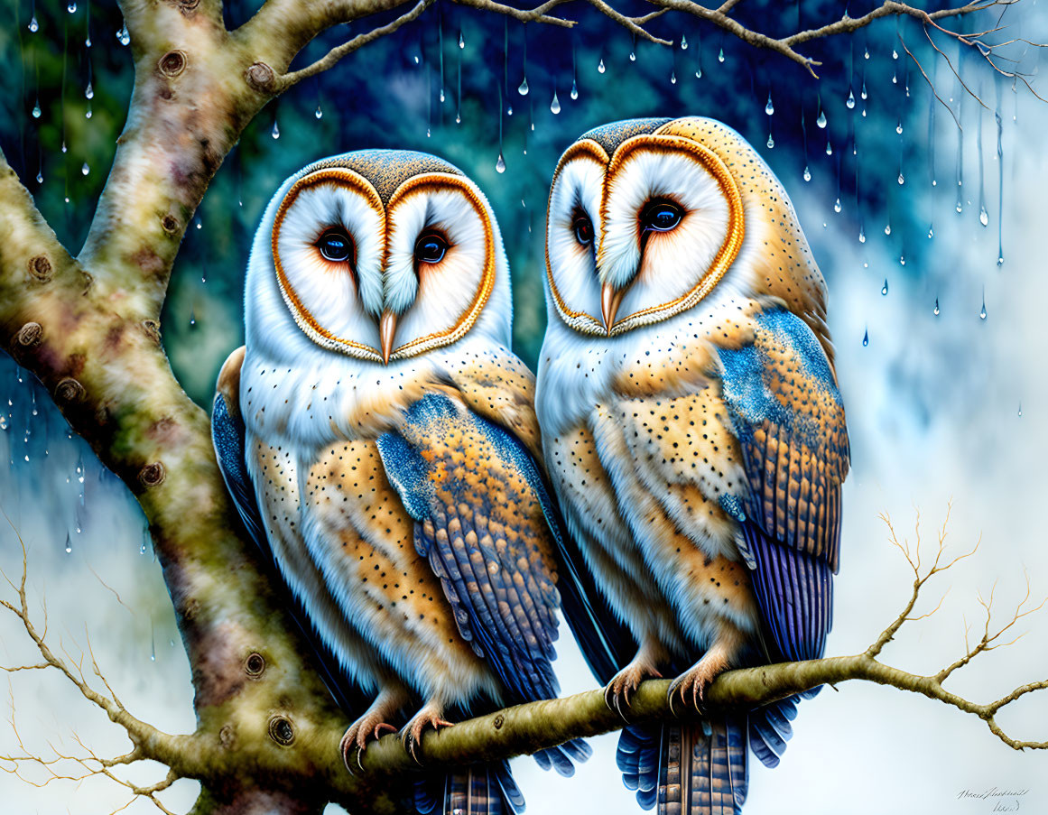 Colorful Owls Perched on Branch with Blue Background and Rain Droplets