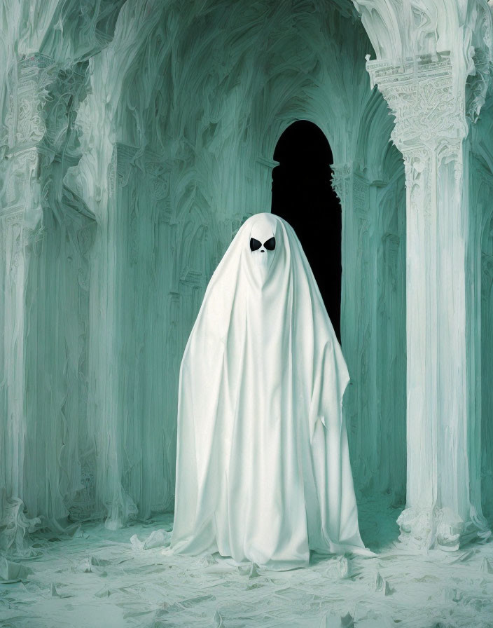 Ghostly figure in white sheet with eye cutouts in gothic, icy interior