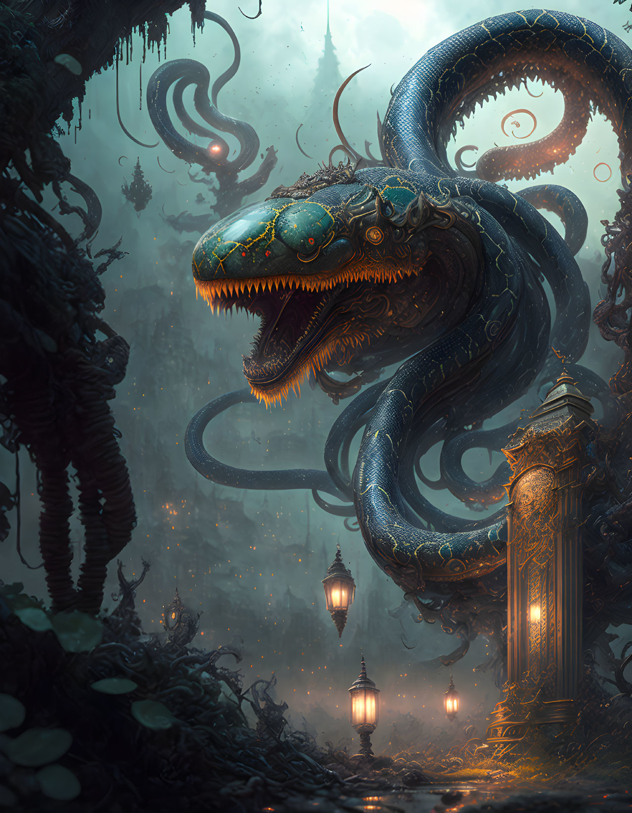 Glowing-eyed serpent in dark ruin with lanterns