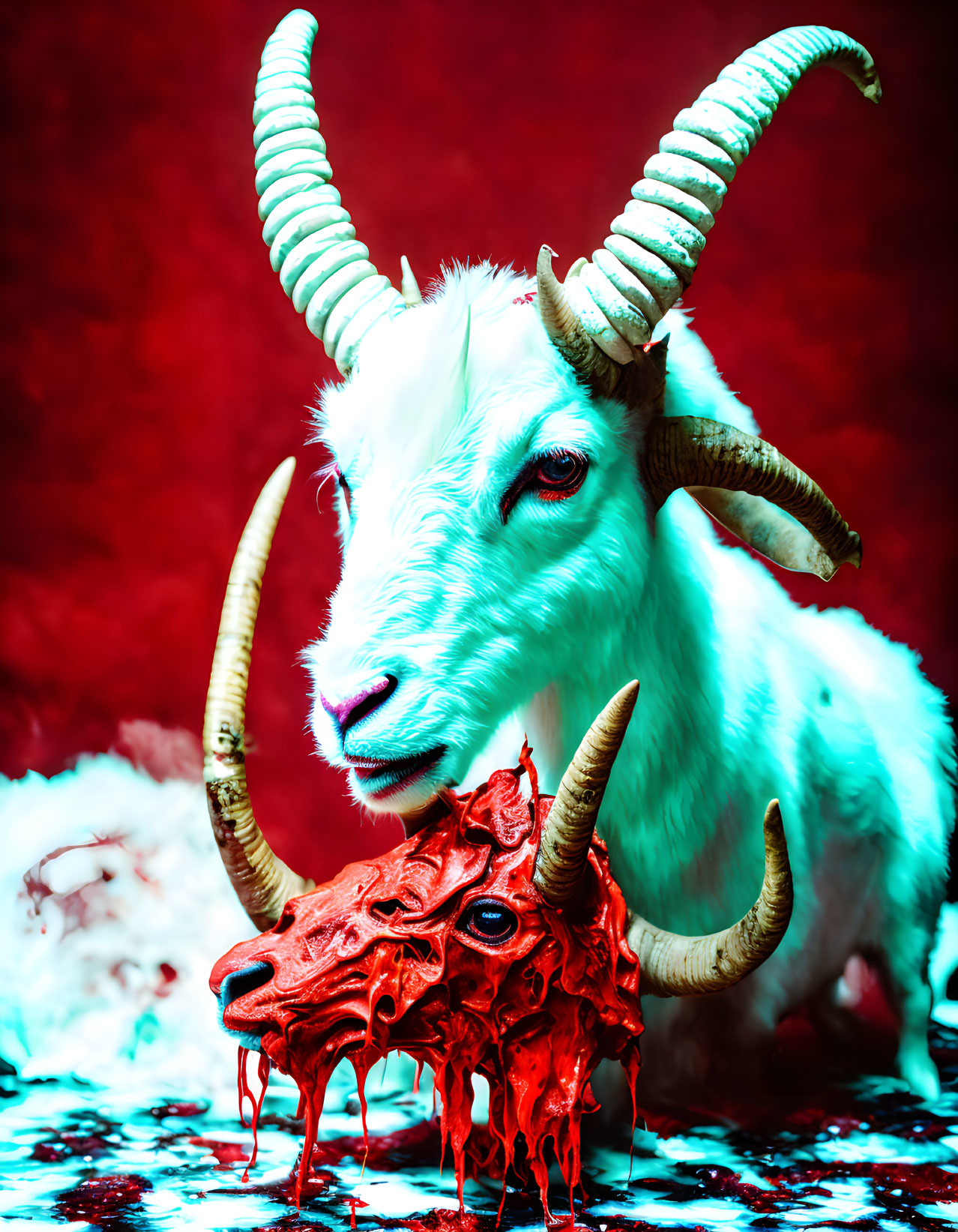 White Goat with Spiral Horns and Red Skull on Red Background