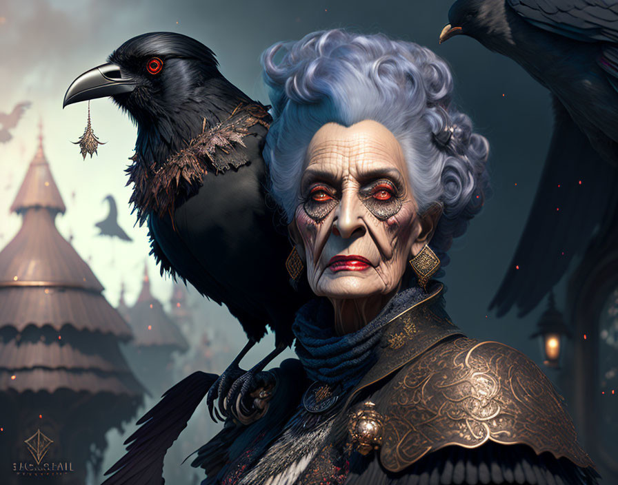 Elegant older woman with gray hair in updo and striking eye makeup with black raven