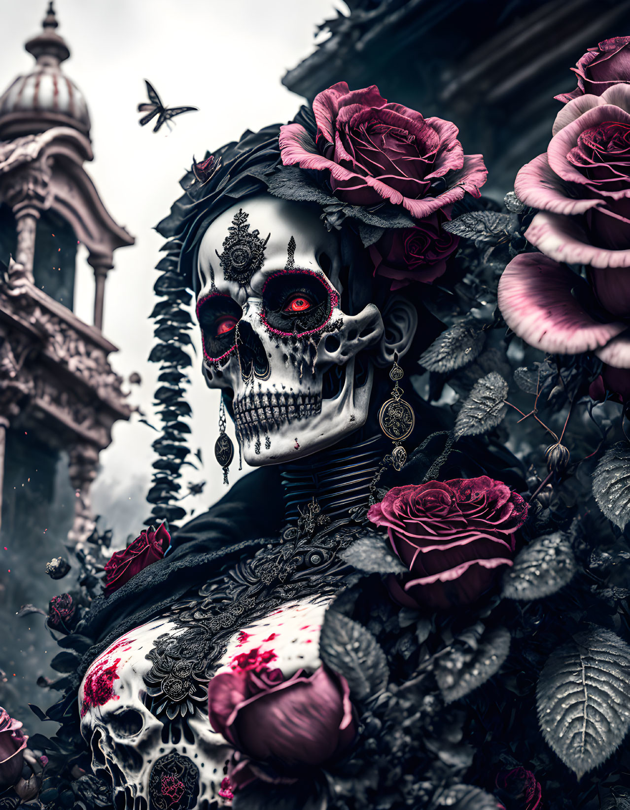 Skull portrait with red eyes, floral jewelry, roses, and architectural backdrop