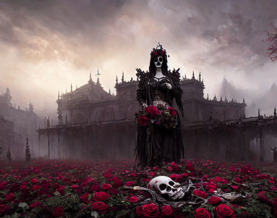 Skeleton Figure in Black Robe Surrounded by Roses and Fog in Gothic Graveyard