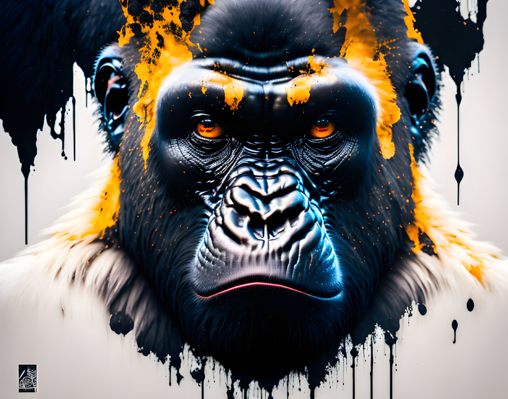 Vivid gorilla portrait with orange eyes and dynamic drips on white background