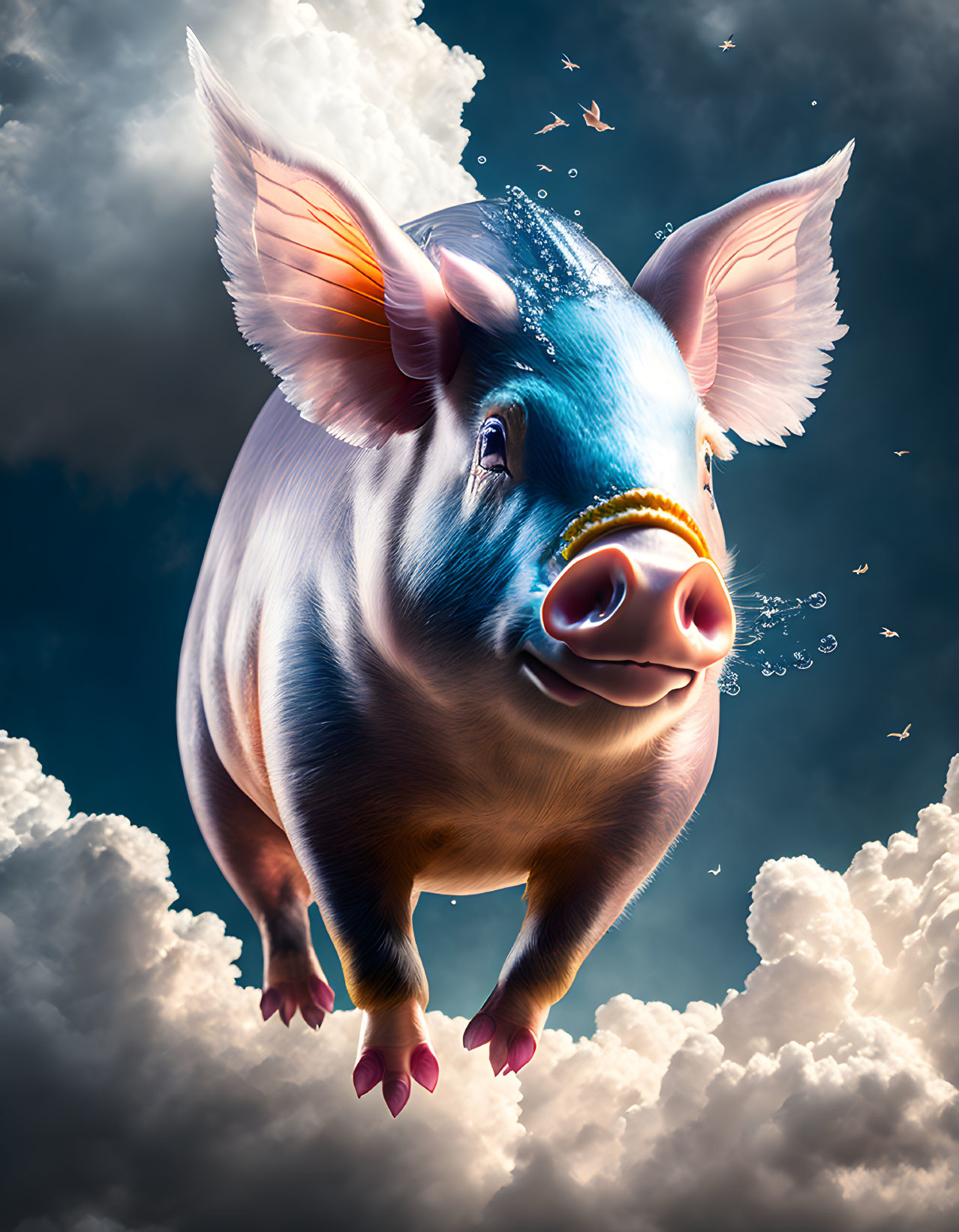 Whimsical flying pig with feathered wings in fluffy cloud setting