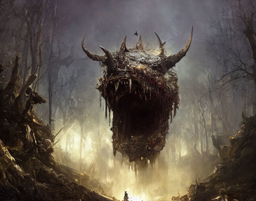 Gigantic horned beast head over misty forest with lone figure.