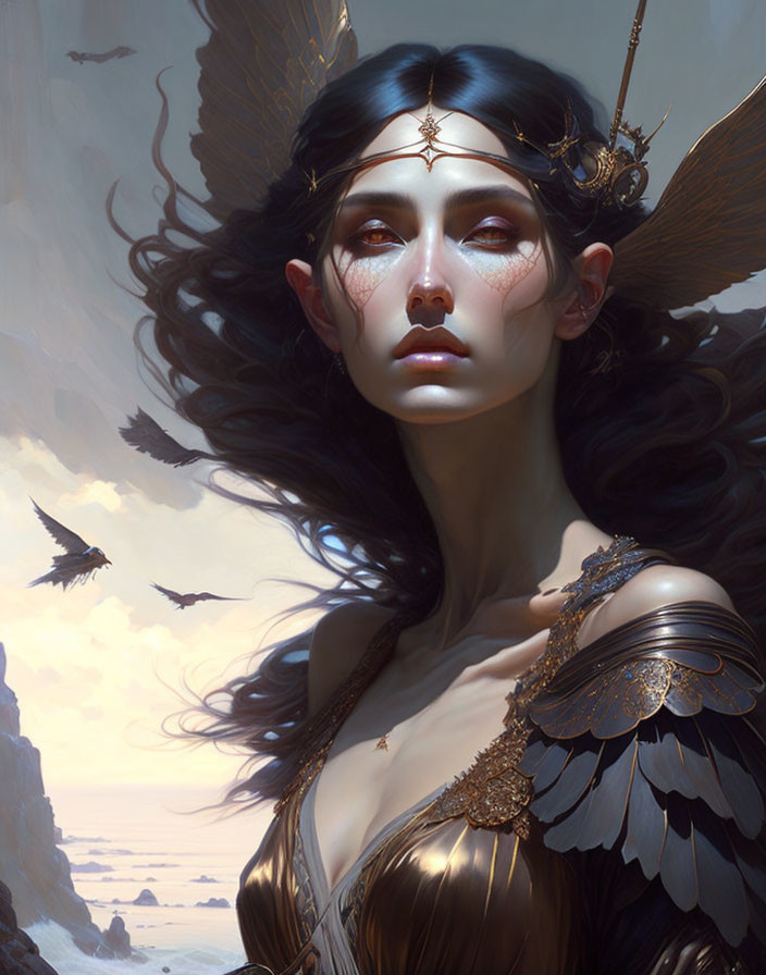 Dark-haired female character with ornate gold headpiece and feathered shoulder armor in a fantastical setting