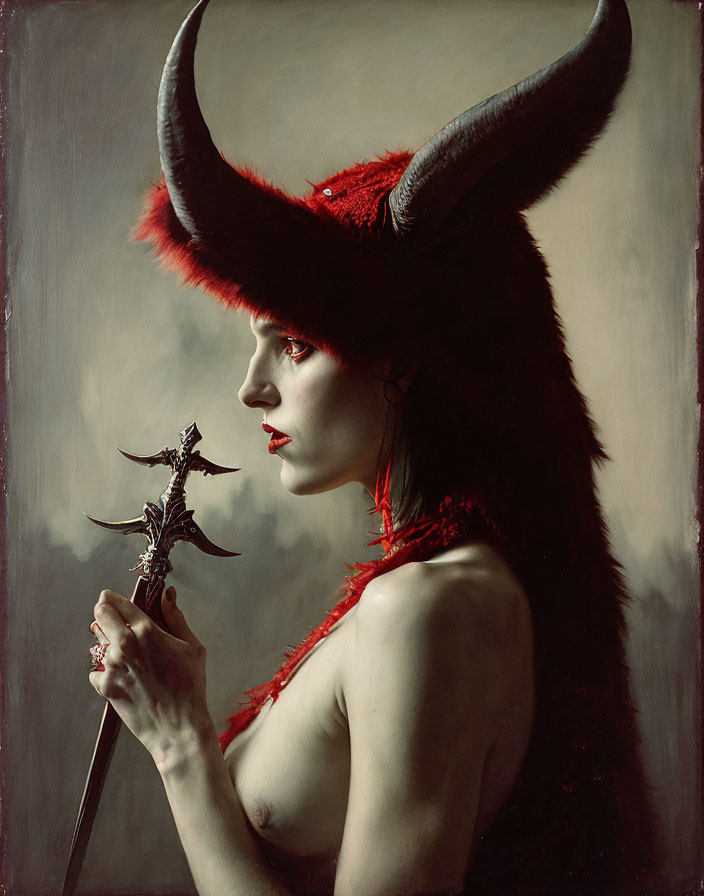 Profile of woman with black horns and red feathered headdress, holding dagger on gray backdrop