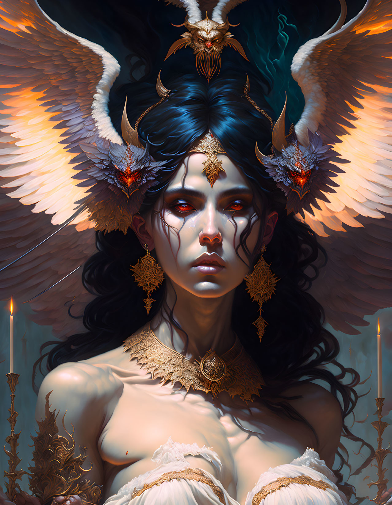 Fantasy art portrait of woman with dark hair, horns, crown, wings, candles, gold jewelry