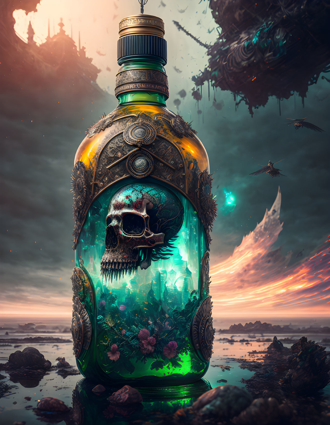 Ornate bottle with skull in miniature ecosystem under twilight sky