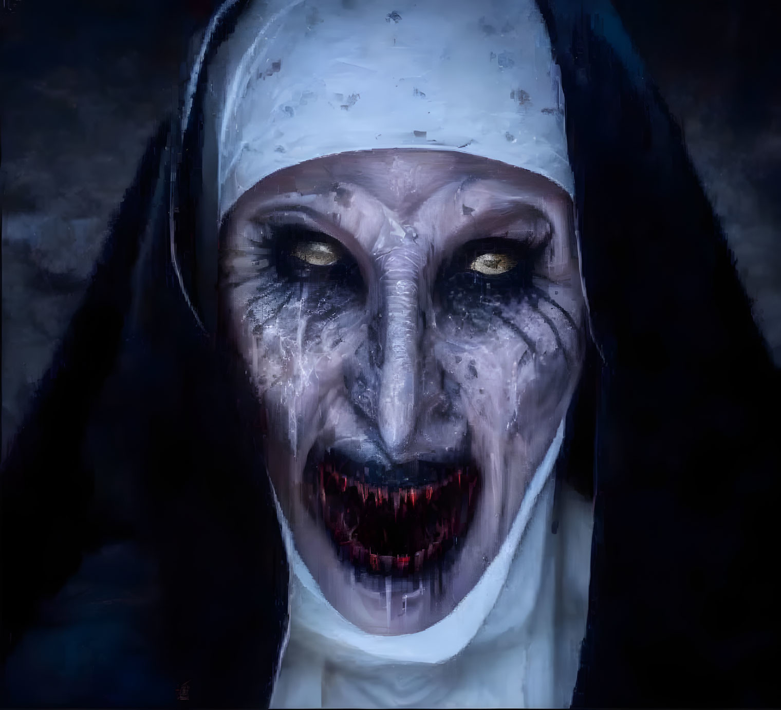 Pale-faced nun figure with dark eyes and blood around mouth.