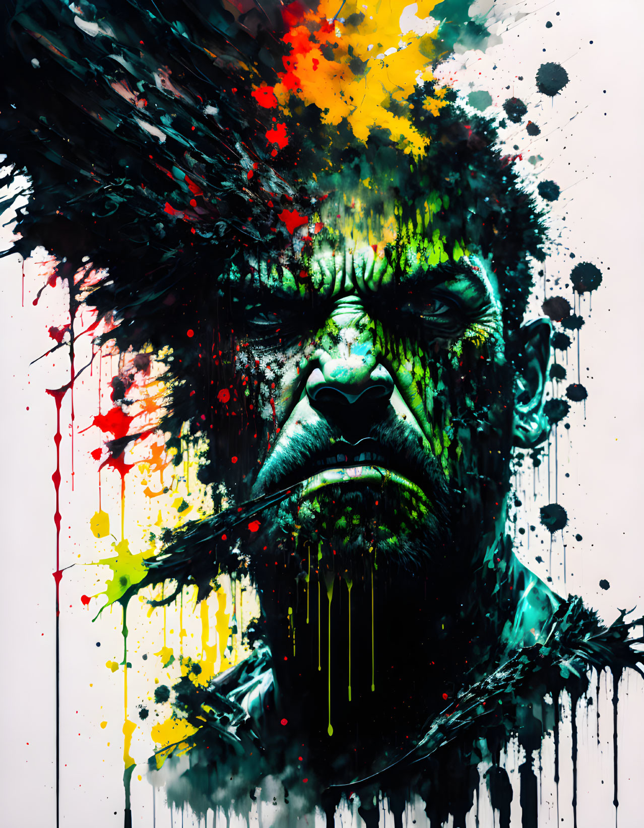 Colorful abstract painting of male face with dynamic streaks and splatters