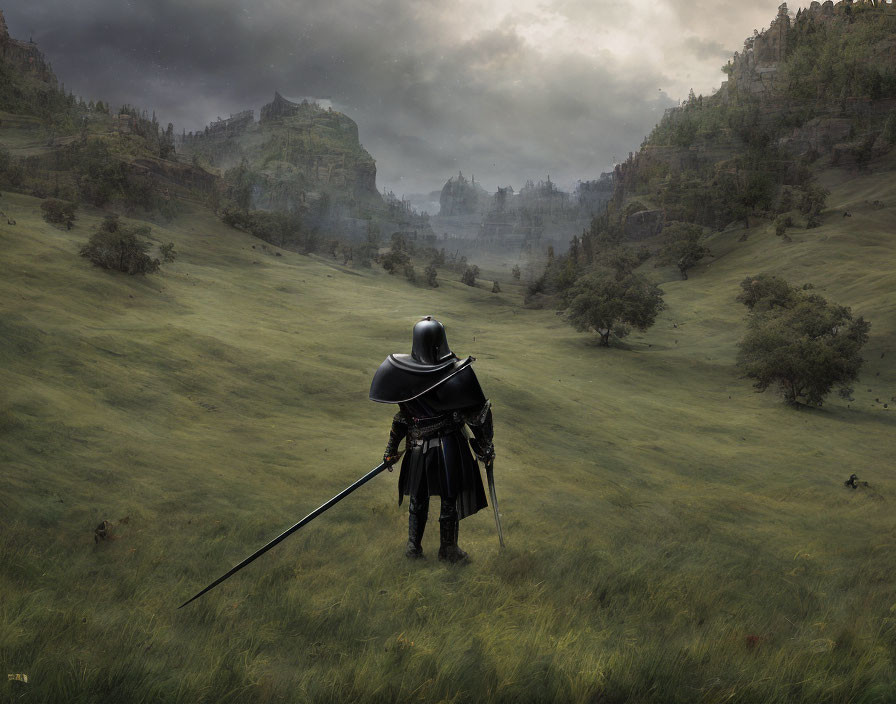 Cloaked knight with long sword gazes at misty castle in green landscape