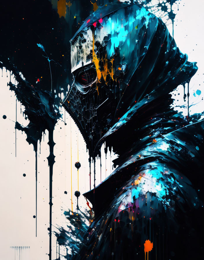 Abstract painting of knight in dark armor with vibrant paint splatters