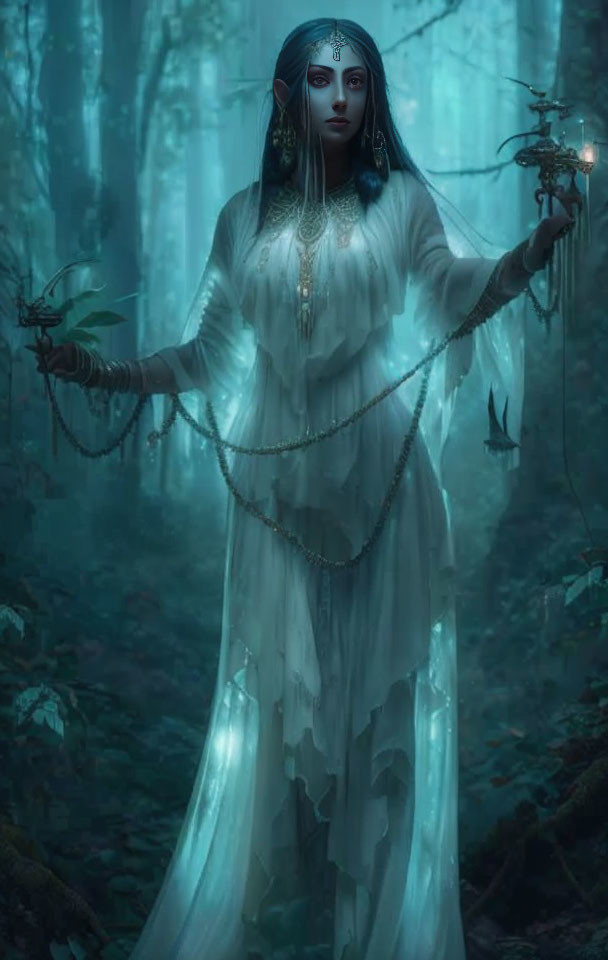 Blue-skinned female figure in white gown with lantern chains in misty forest