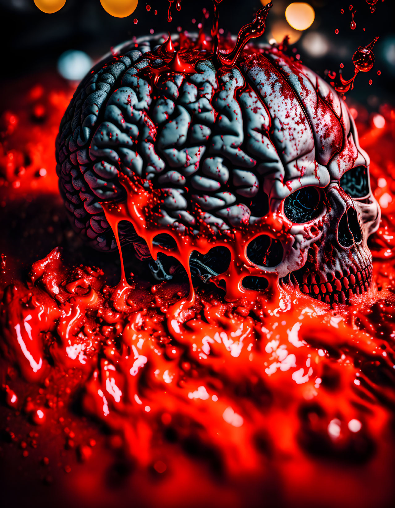 Human skull merged with brain in red splashes