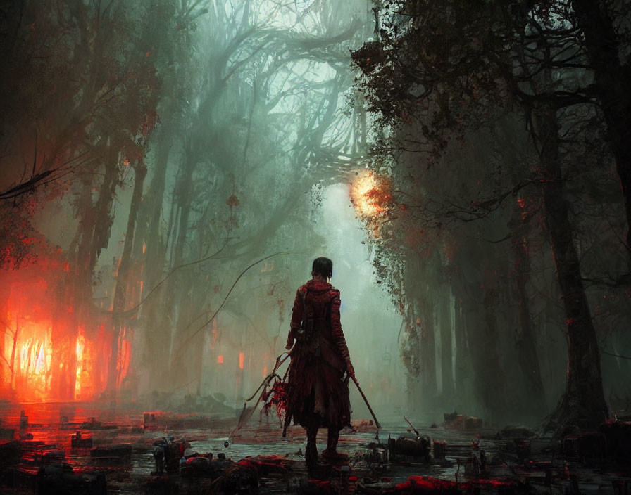 Mysterious figure in eerie forest with red glow and floating embers